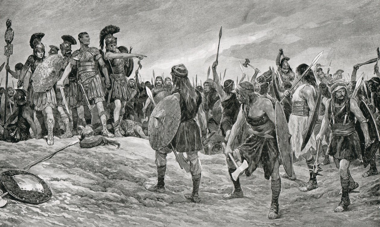 Hänen poikansa Tituksen pelastama Vespasianus, kuva Hutchinsonin kansakuntien historiasta, n. 1910 tekijältä Richard Caton Woodville