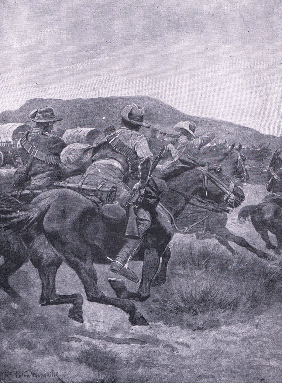 Yeomanry hyökkää De Wetsin jälkijoukkojen ja kuljetusten kimppuun, teoksesta After Pretoria: The Guerilla War, jonka on julkaissut Harmsworth Bros Limited, 1901. tekijältä Richard Caton Woodville