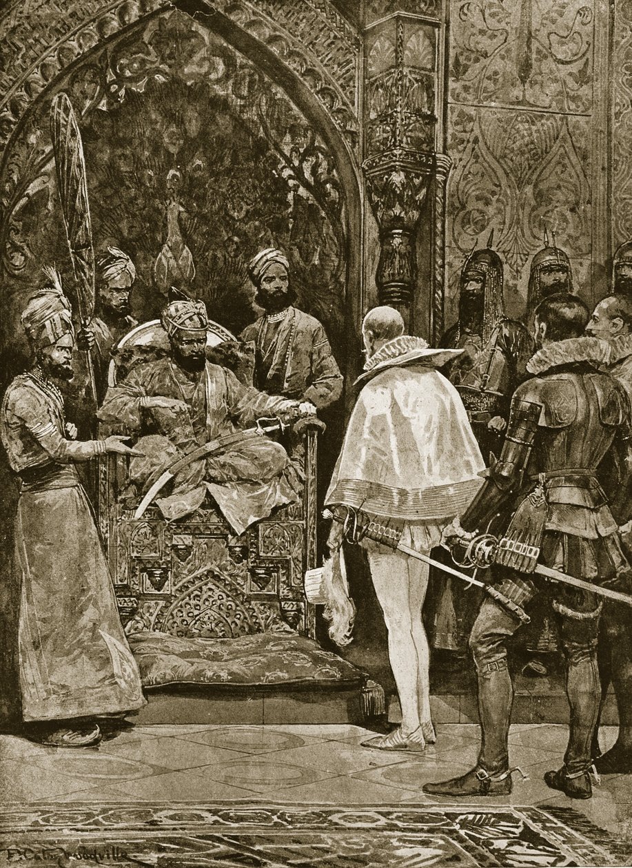 Varhainen Englannin suurlähetystö Intiassa, 1599, kuvitus teoksesta "Hutchinson