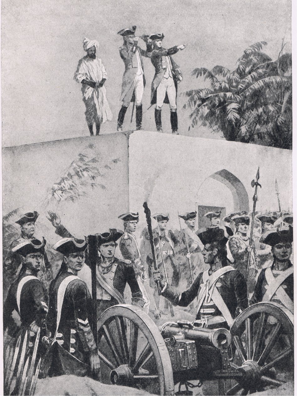 Plasseyn taistelu, 23. kesäkuuta 1757: Clive Nawab Surat-ud-Daulah -metsästysmajan katolla, kuva brittiläisistä taisteluista maalla ja merellä, 1915 tekijältä Richard Caton Woodville junior