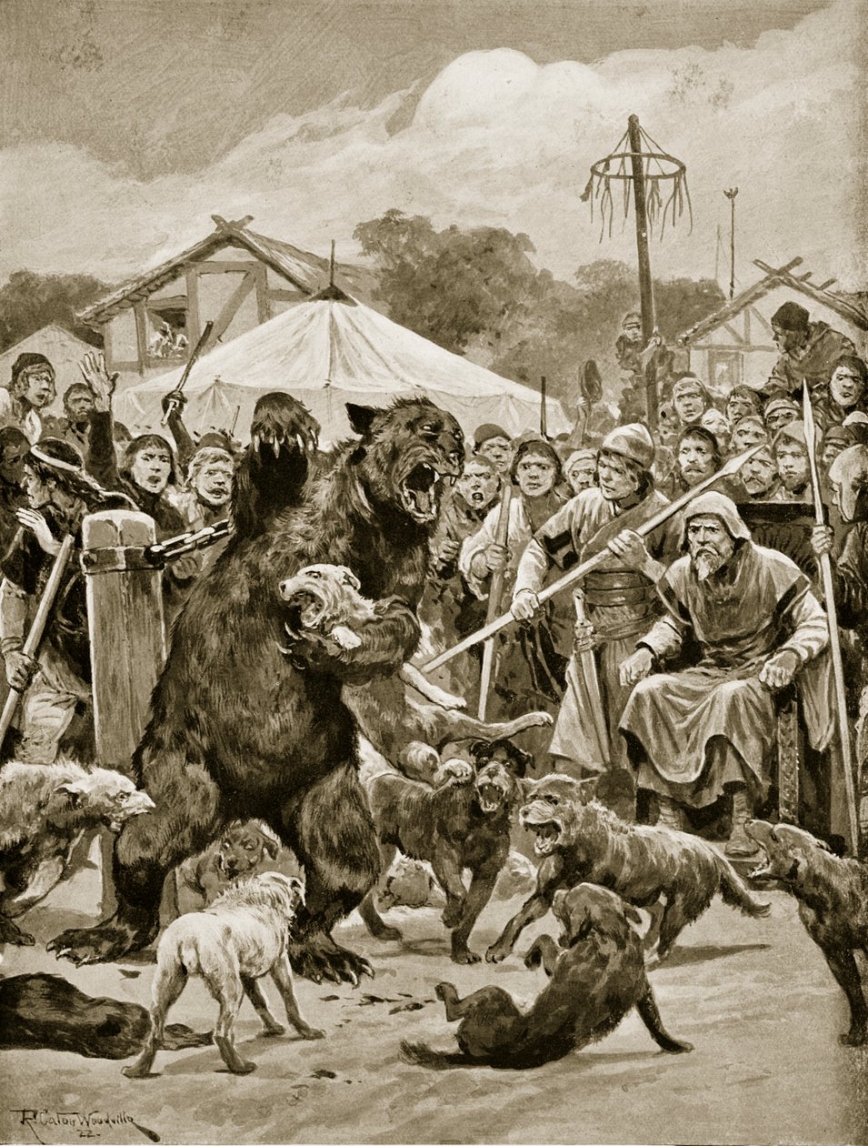 Bear Baiting in Saxon Times, kuvitus "Hutchinsonin tarinasta brittiläisestä kansasta", n. 1920 tekijältä Richard Caton Woodville junior
