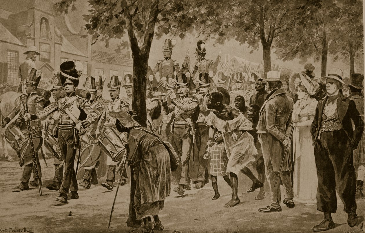 Brittijoukot marssivat Kapkaupunkiin, 1814, kuva "Hutchinsonin tarinasta brittiläisestä kansasta", n. 1923 tekijältä Richard Caton Woodville junior