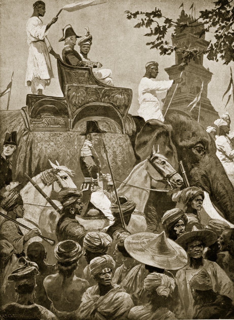 Brittijoukot saapuvat Singaporeen, 1824, kuvitus teoksesta "Hutchinsonin tarina brittiläisestä kansasta", n. 1923 tekijältä Richard Caton Woodville junior