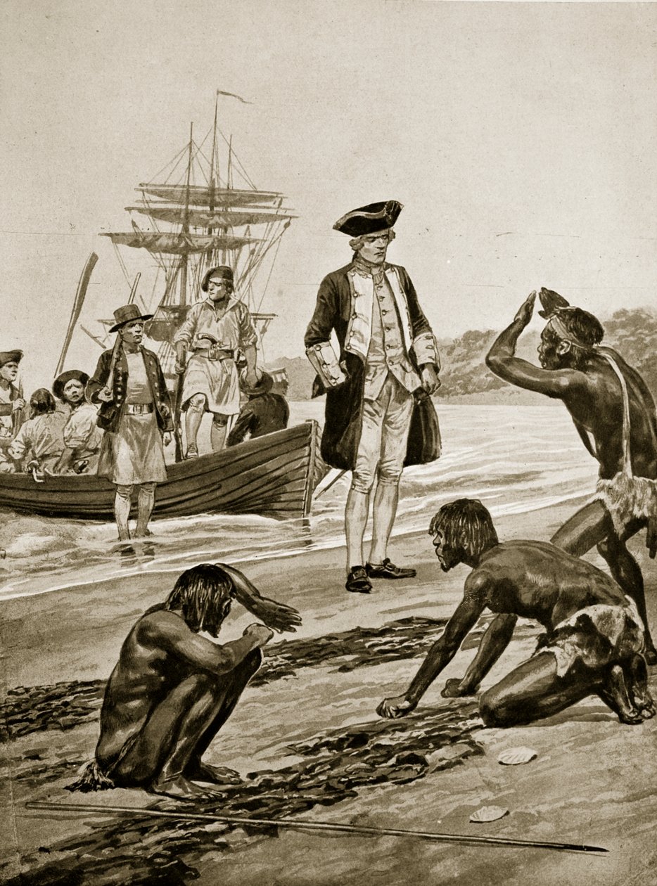 Kapteeni Cook laskeutui Tasmaniaan, 1777, kuva "Hutchinsonin tarinasta brittiläisestä kansasta", n. 1923 tekijältä Richard Caton Woodville junior