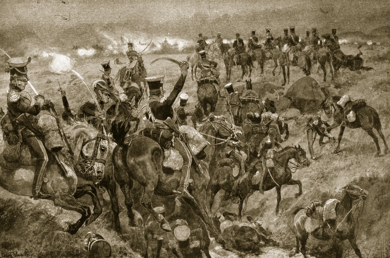 Dragoons at Talavera, kuvitus "Hutchinsonin tarinasta brittiläisestä kansasta", n. 1923 tekijältä Richard Caton Woodville junior