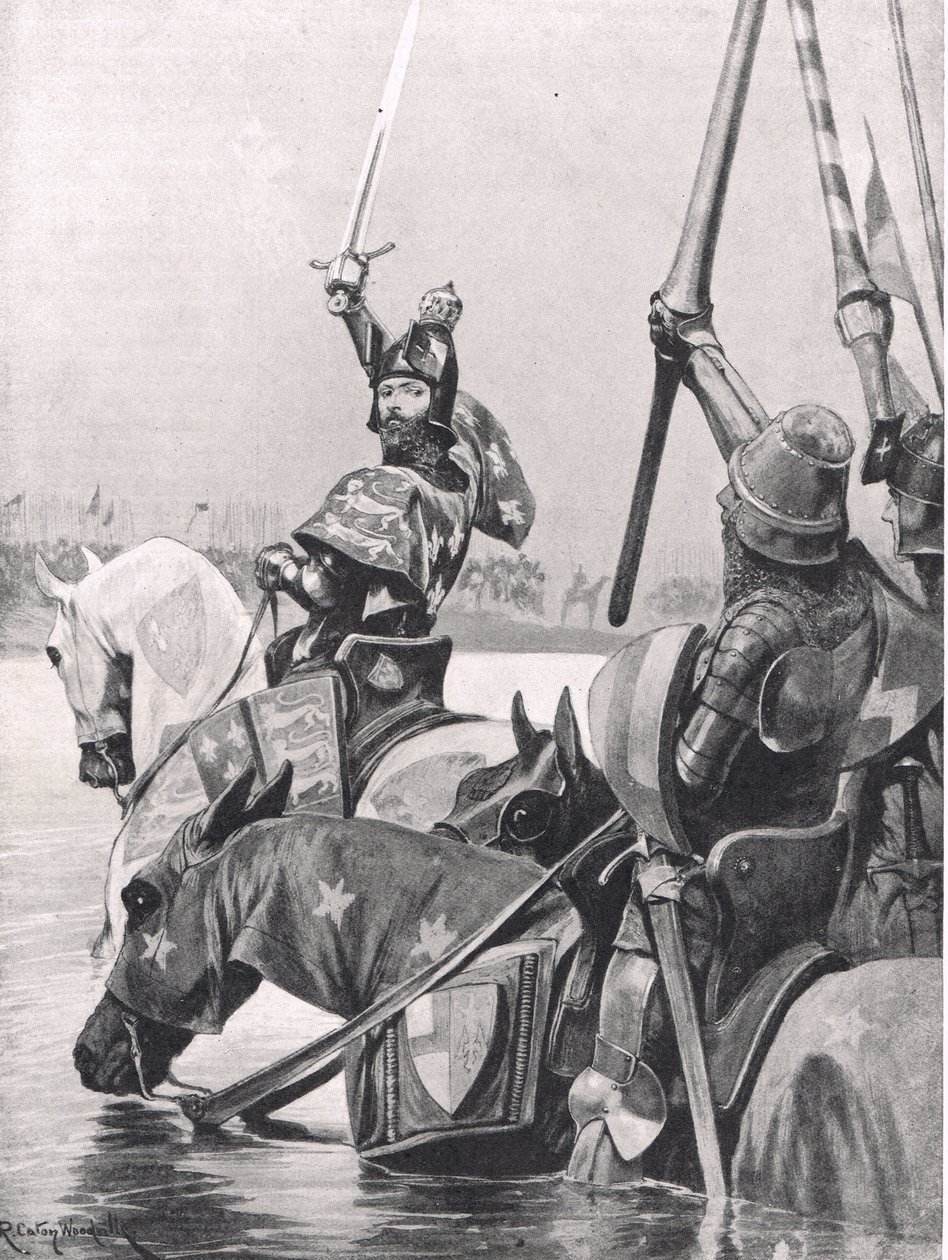 Edward III ylittää Sommen ennen Crecyn taistelua, kuvitus teoksesta "British Battles on Land and Sea", Cassell, Lontoo, n. 1910. tekijältä Richard Caton Woodville junior