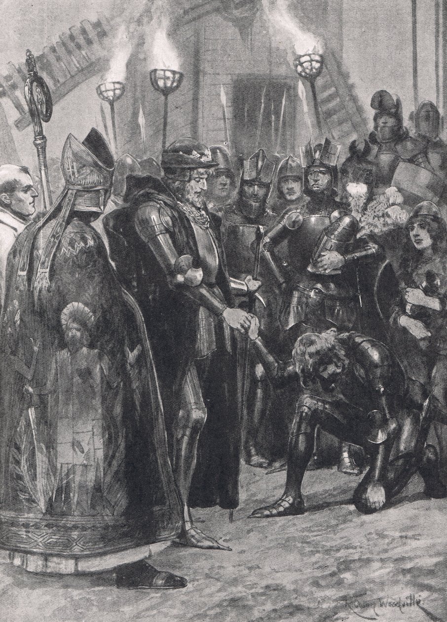 Edward III tervehtimässä Walesin prinssiä Crecyn taistelun jälkeen, kuvitus julkaisusta "British Battles on Land and Sea", julkaisija Cassell, Lontoo, noin 1910 tekijältä Richard Caton Woodville junior