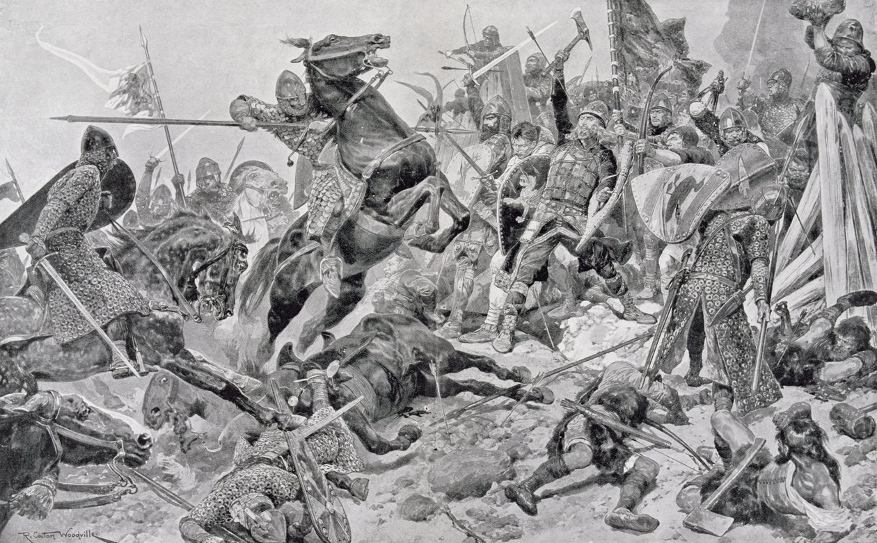 Haroldin (n. 1022-66) Last Stand, piirros "British Battles on Land and Sea" -julkaisusta, toimittanut Sir Evelyn Wood (1838-1919), julkaistu ensimmäisen kerran 1915 tekijältä Richard Caton Woodville junior