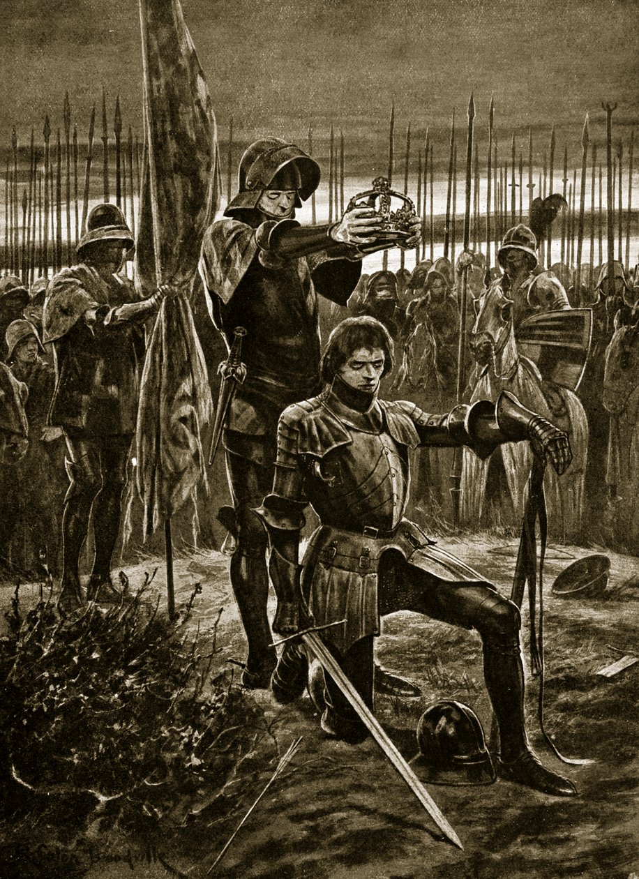 Henry VII kruunattiin Bosworthissa, kuvitus "Hutchinsonin tarinasta brittiläisestä kansasta", n. 1923 tekijältä Richard Caton Woodville junior