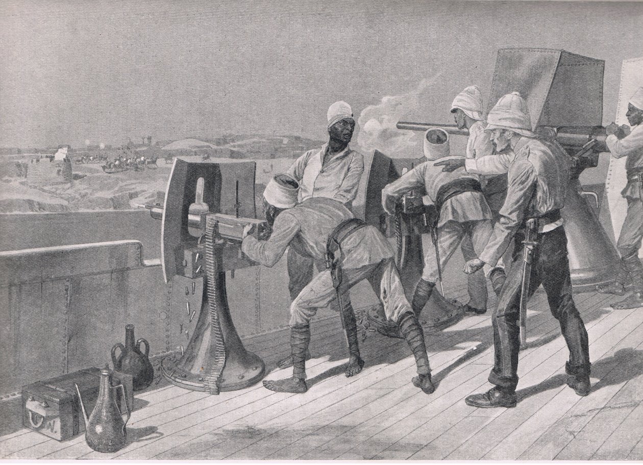 Matkalla ylös Niiliä: Ampuminen dervisheihin, kuvitus brittiläisistä taisteluista maalla ja merellä, 1915 tekijältä Richard Caton Woodville junior