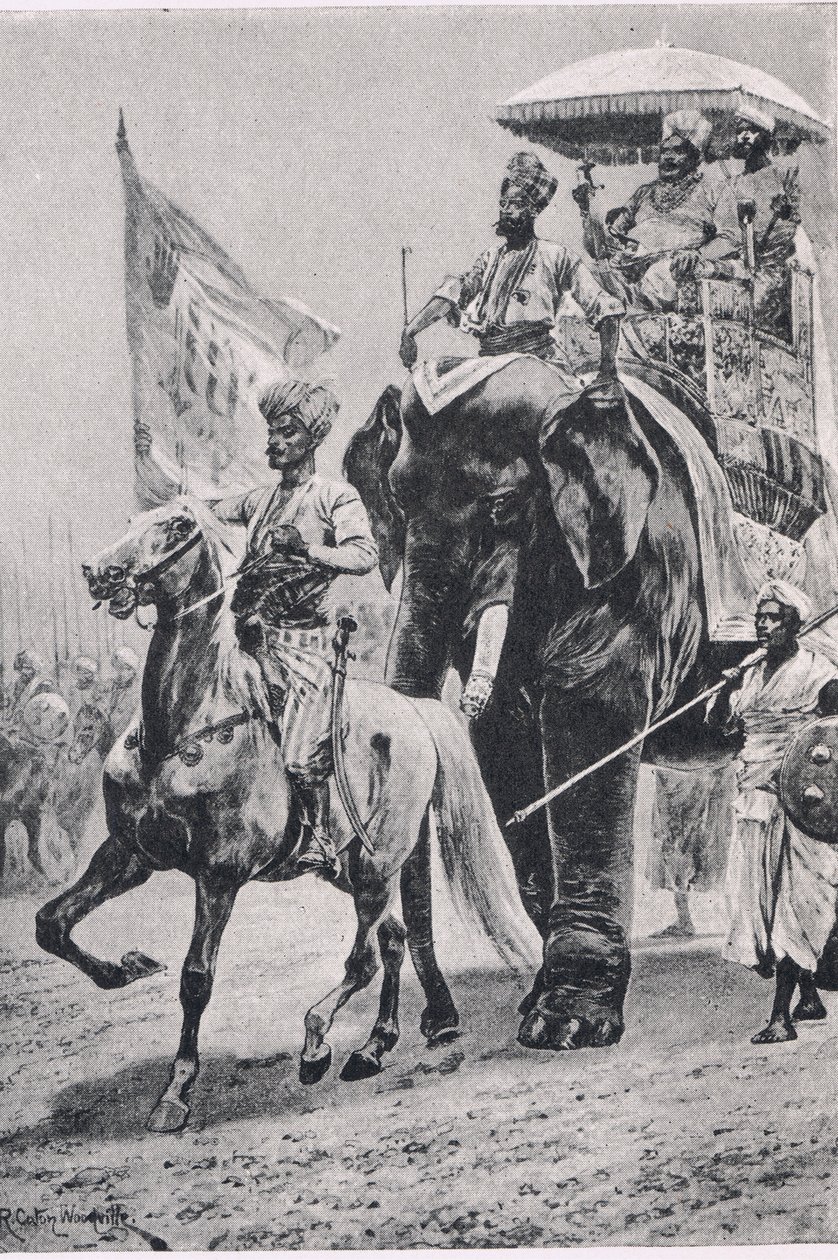 Siraj-ud-Daulah Plasseyssa, 23. kesäkuuta 1757, kuva brittiläisistä taisteluista maalla ja merellä, 1915 tekijältä Richard Caton Woodville junior
