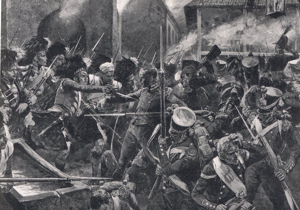 42. Highlanders ajamassa ranskalaisia ulos Elvinasta, kuvitus teoksesta "British Battles on Land and Sea", julkaisija Cassell, Lontoo, n. 1910 tekijältä Richard Caton Woodville junior