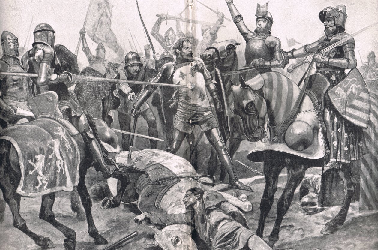 The Last Stand by John II France at the Battle of Poitiers, kuvitus muodossa "British Battles on Land and Sea", julkaisija Cassell, Lontoo, noin 1910 tekijältä Richard Caton Woodville junior