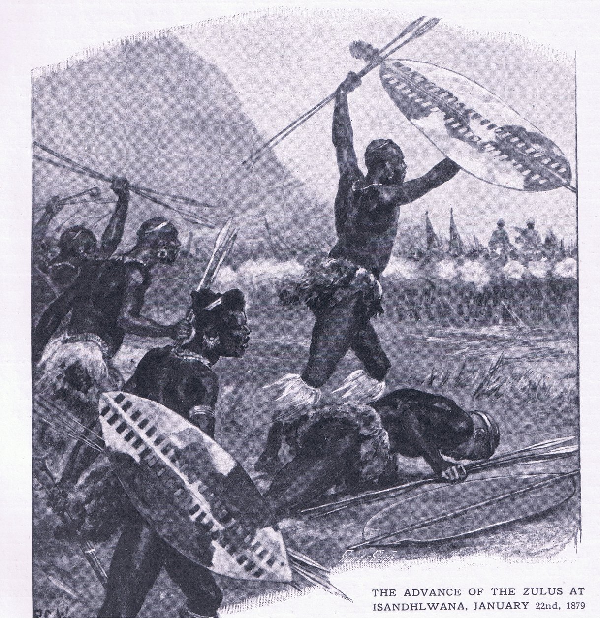 Zulujen eteneminen Isandhlwanassa 22. tammikuuta 1879, kuvitus teoksesta British Battles on Land and Sea , 1915. tekijältä Richard Caton Woodville junior