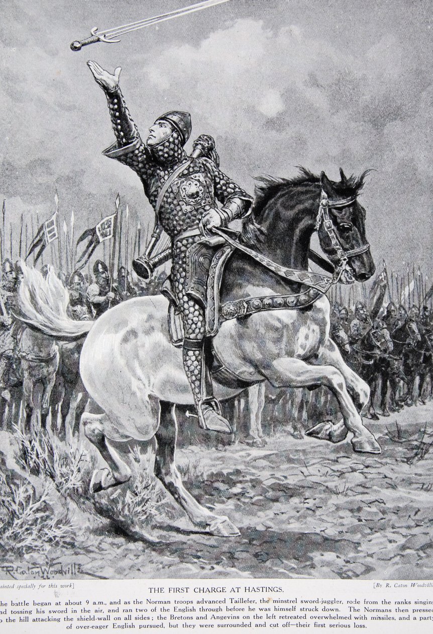 Ensimmäinen hyökkäys Hastingsissa: Miekkajonglööri Taillefer ratsasti riveistä laulaen ja heittäen miekkansa ilmaan, 1066, kuvitus teoksesta "Hutchinson