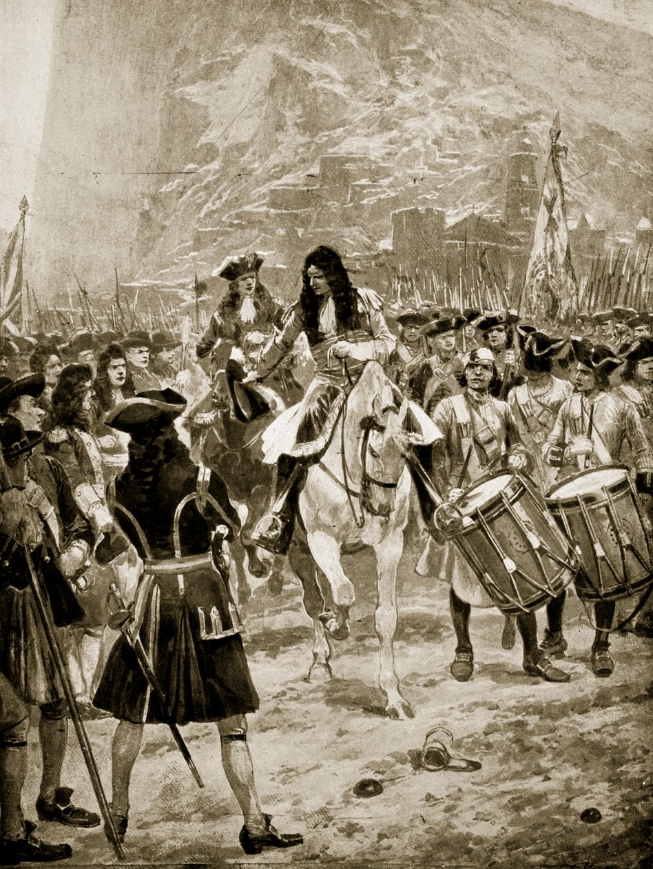 Gibraltarin antautuminen englantilaisille, 24. heinäkuuta 1704, kuvitus teoksesta "Hutchinson