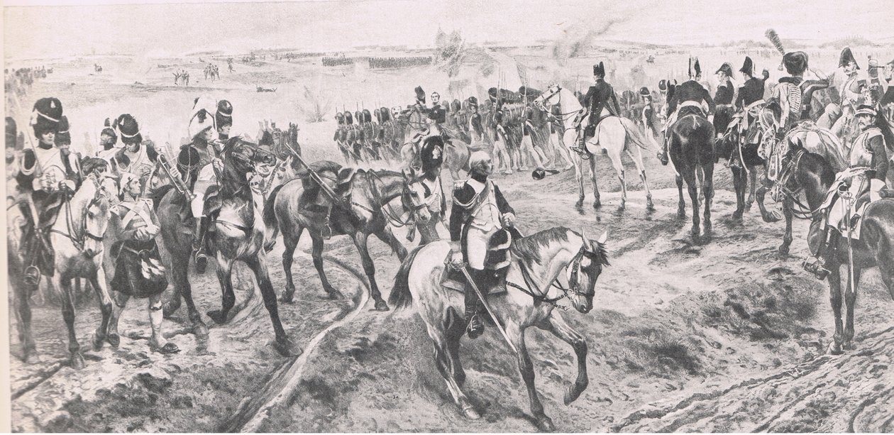Waterloo 18. kesäkuuta 1815: Vanha kaarti, kuvitus brittiläisistä taisteluista maalla ja merellä, 1915 tekijältä Richard Caton Woodville junior