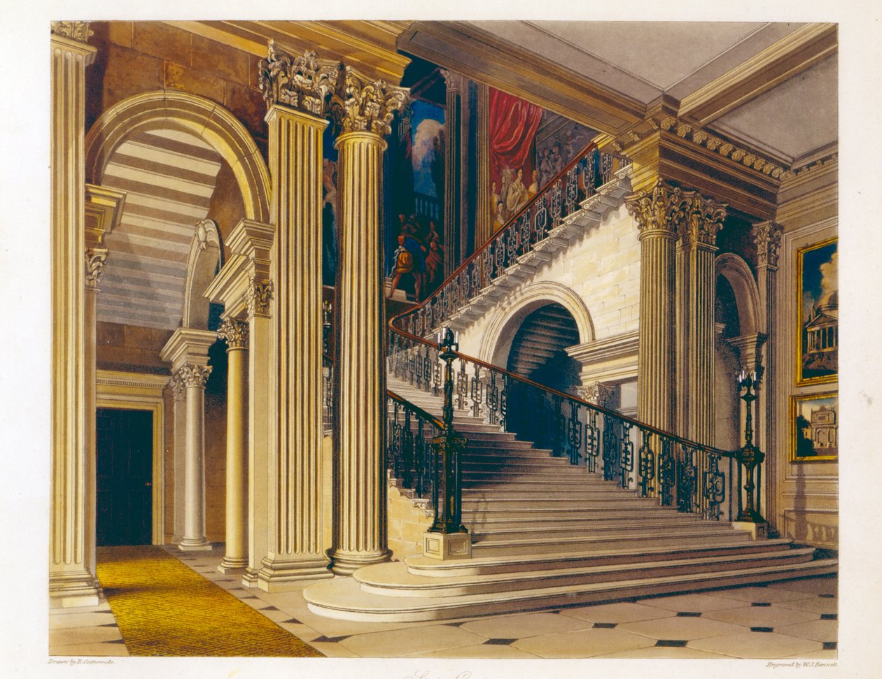 Stair Case, Buckingham House, teoksesta "The History of the Royal Residences", kaiverrus William James Bennett (1787-1844), William Henry Pyne (1769-1843), 1819 tekijältä Richard Cattermole