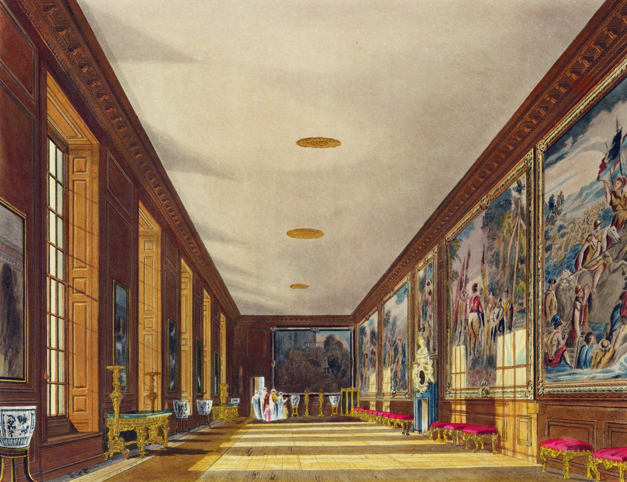 The Ball Room, Hampton Court, teoksesta "The History of the Royal Residences", kaiverrus Richard Reeve (s.1780), William Henry Pyne (1769-1843), 1819 tekijältä Richard Cattermole