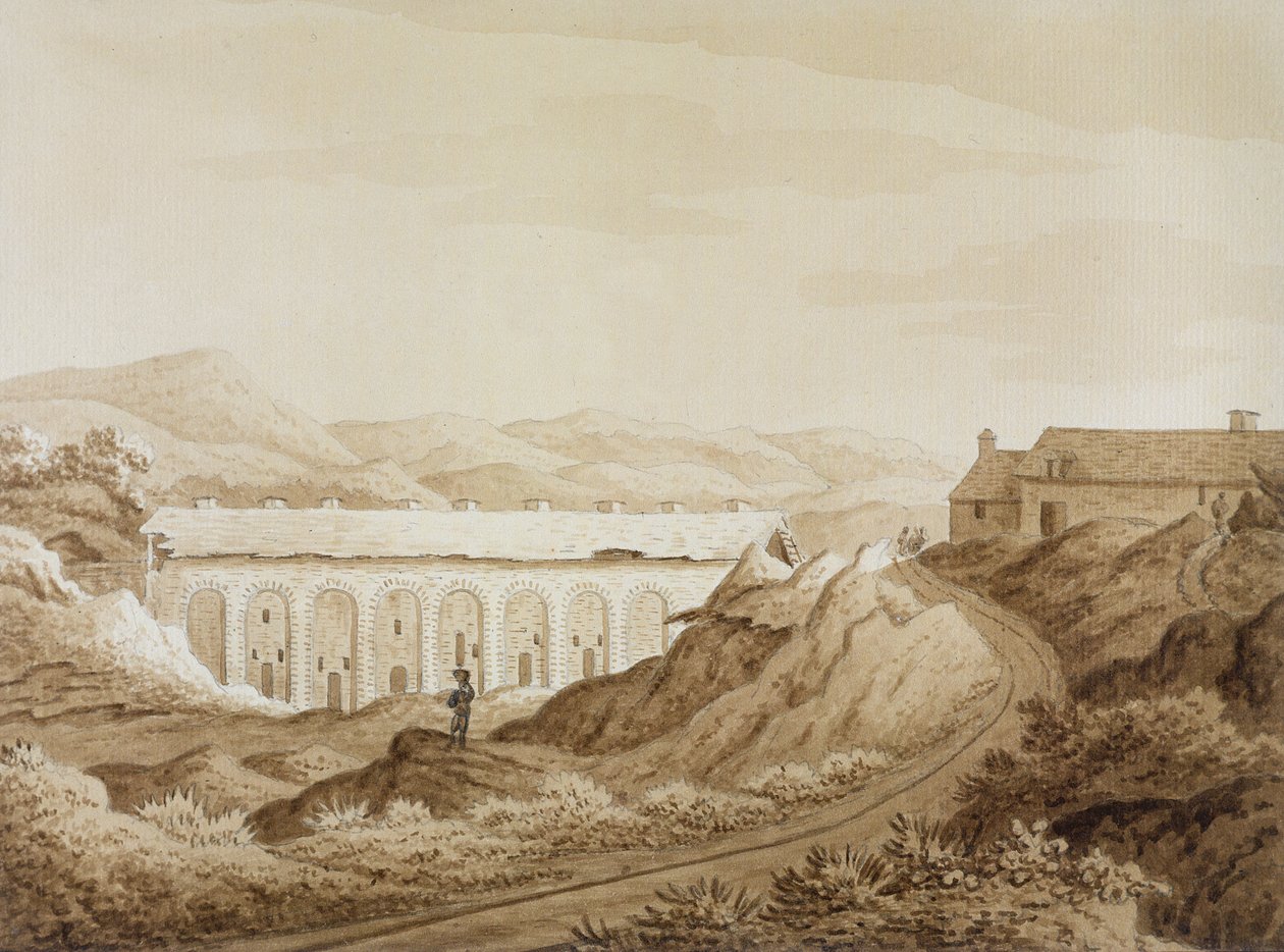 Blaenavon, William Coxen "An Historical Tour in Monmouthshire", julkaistu vuonna 1801 (kynä ja ruskea muste ja ruskea pesu grafiitilla paperilla) tekijältä Richard Colt Hoare