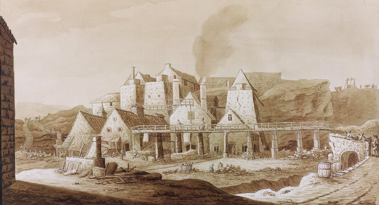 Teoksia Blaenavonissa, William Coxen teoksesta "An Historical Tour in Monmouthshire", julkaistu vuonna 1801 (kynä ja ruskea muste ja ruskea pesu grafiitilla paperilla) tekijältä Richard Colt Hoare