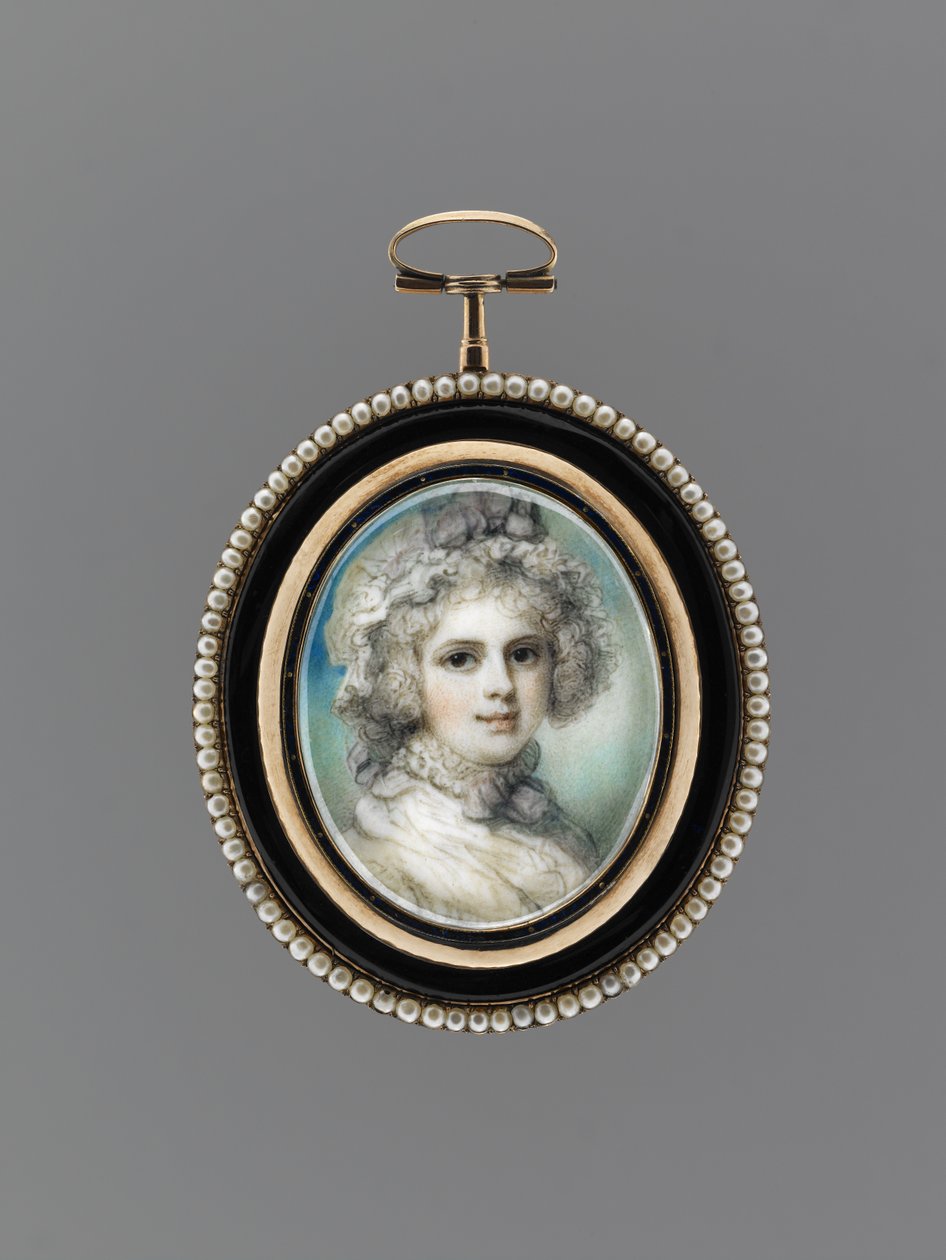 Naisen muotokuva, n. 1785 (akvarelli norsunluun, 9k ruusukulta, siemenhelmiä, emali ja lasi) tekijältä Richard Cosway