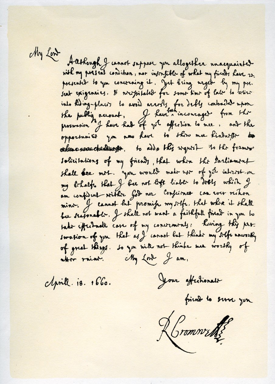 Lord Protectorin Richard Cromwellin kirje kenraali George Monckille, 18. huhtikuuta 1660. tekijältä Richard Cromwell