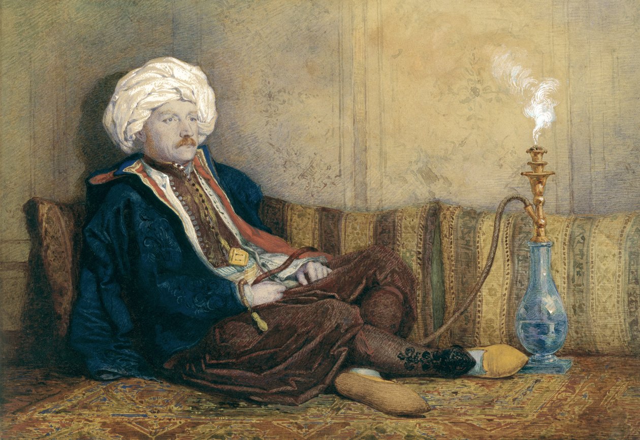 Muotokuva Sir Thomas Philipsistä itämaisessa asussa, makuuasennossa vesipiippujen kanssa (wc korotettu valkoisella paperilla) tekijältä Richard Dadd