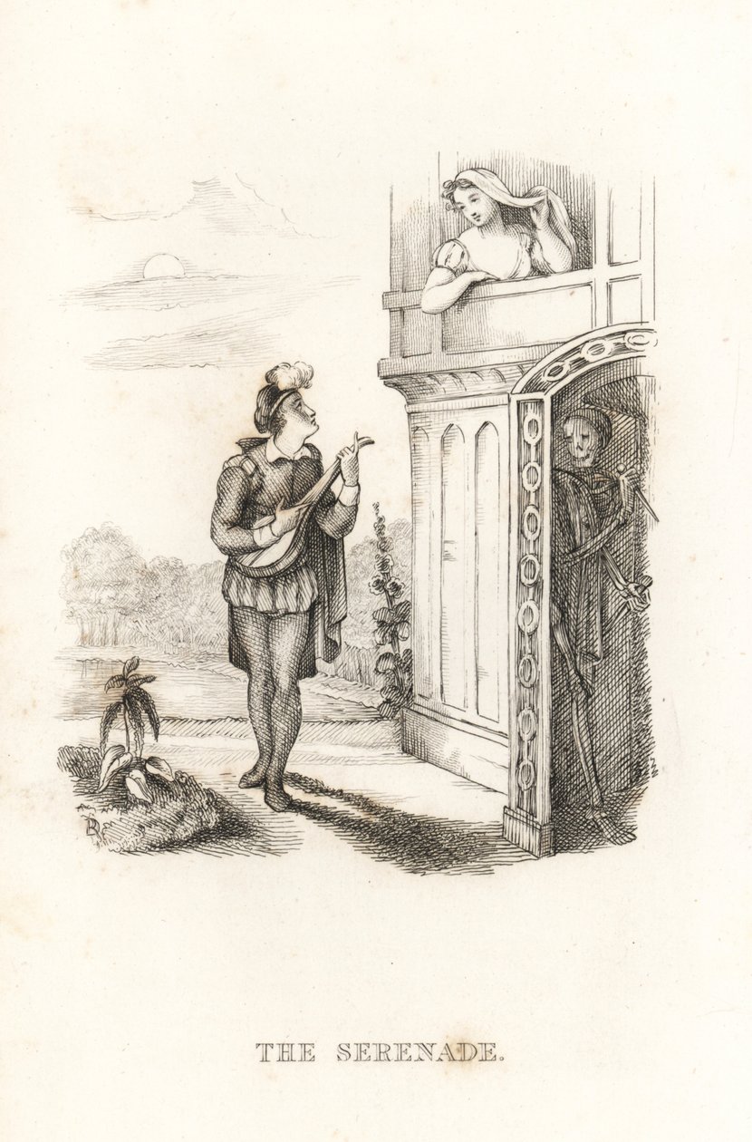 Kuoleman luuranko ja minstrel. ,1827 (kaiverrus) tekijältä Richard Dagley