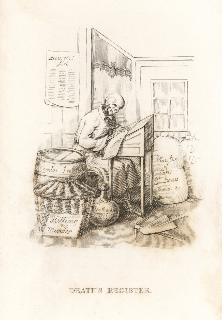 Kuoleman luuranko ja hänen pääkirjansa. ,1827 (kaiverrus) tekijältä Richard Dagley
