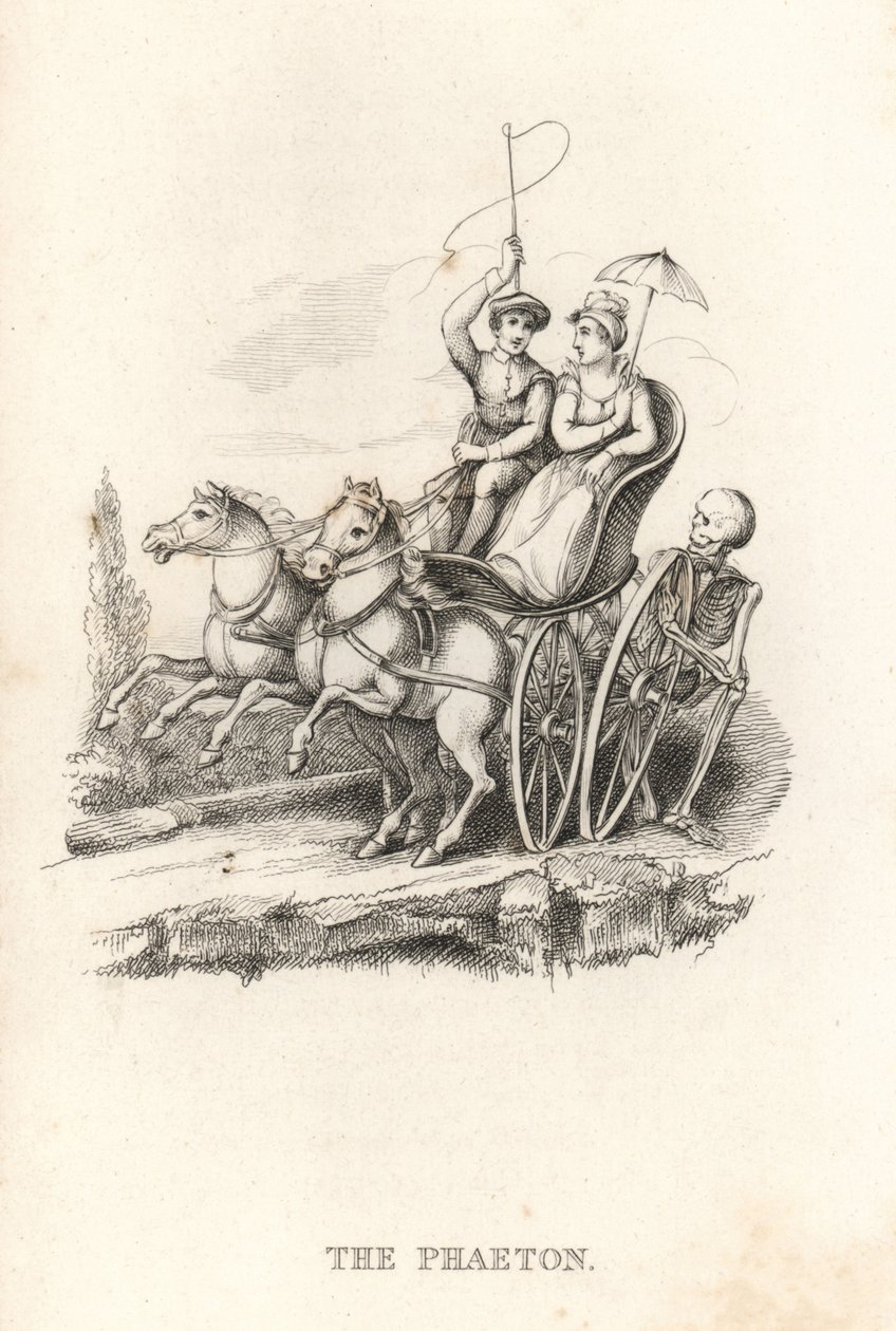 Kuoleman ja Phaetonin luuranko. ,1827 (kaiverrus) tekijältä Richard Dagley
