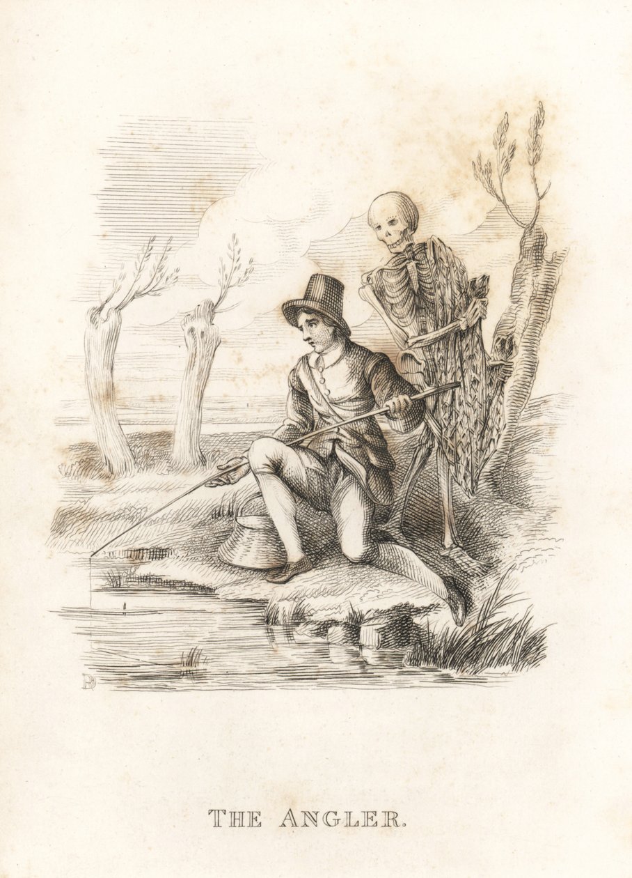Kuoleman ja kalastajan luuranko. ,1827 (kaiverrus) tekijältä Richard Dagley