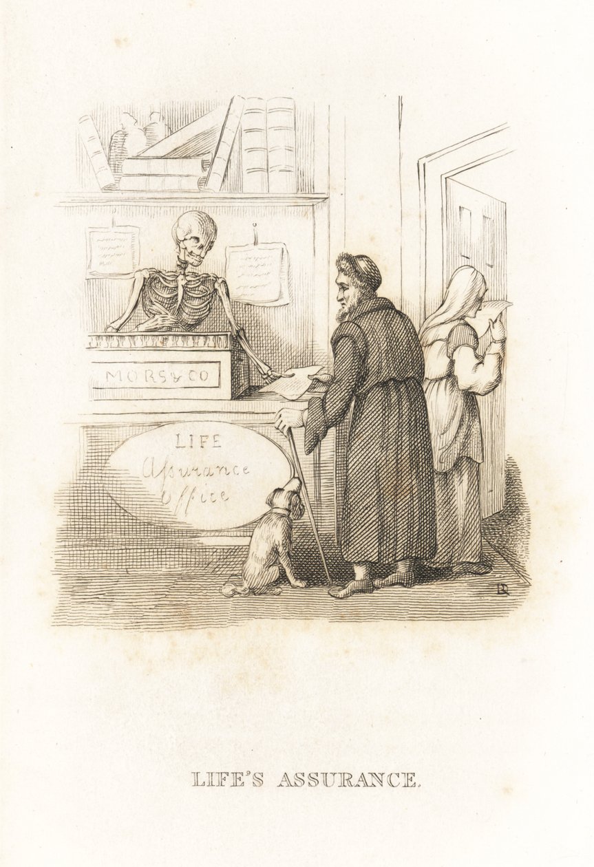 Kuoleman luuranko vakuutustoimistossa. ,1827 (kaiverrus) tekijältä Richard Dagley