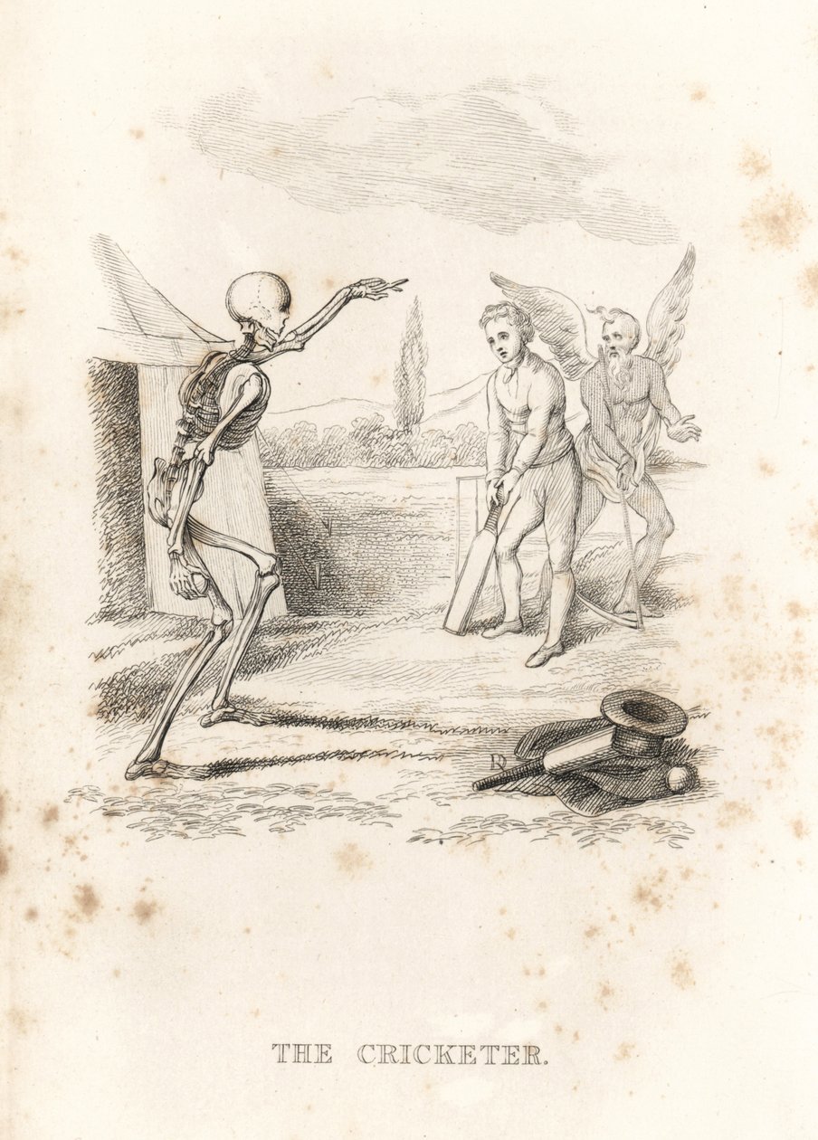 Kuoleman luuranko kulhoaa pallon krikettipelaajaa vastaan mailalla, 1827 (kaiverrus) tekijältä Richard Dagley