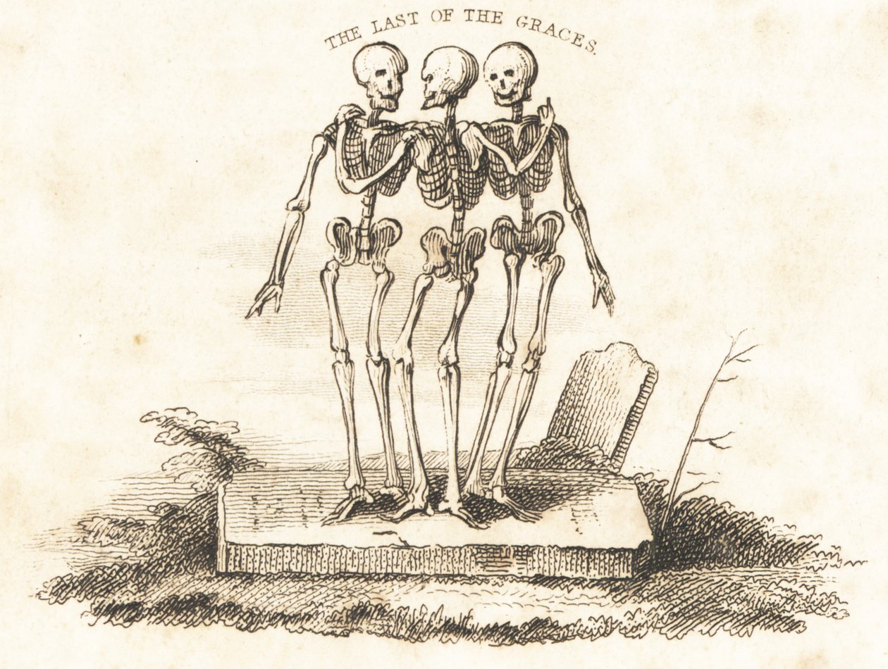 Kolmen luurangon vinjetti hautakivellä.,1827 (kaiverrus) tekijältä Richard Dagley