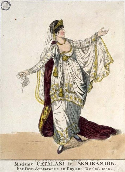 Madame Catalani elokuvassa "Semiramide", hänen ensimmäinen esiintymisensä Englannissa, 13. joulukuuta 1806 (värillinen etsaus) tekijältä Richard Dighton
