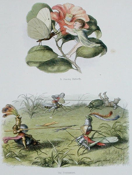 Tanssiva perhonen ja Turnaus, kuvituksia William Allinghamin ja Andrew Langin teoksesta "In Fairyland: A Series of Pictures from the Elf-World" (värilitho) tekijältä Richard Doyle