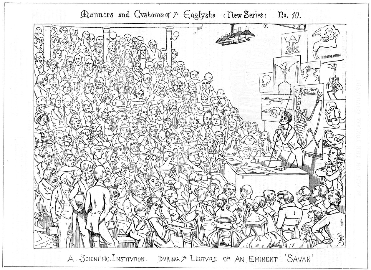 Tieteellinen laitos. Eminentin Savanin luennon aikana, 1849 tekijältä Richard Doyle