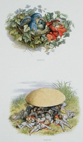 Kiipeilyä ja lepoa, kuvituksia William Allinghamin ja Andrew Langin teoksesta "In Fairyland: A Series of Pictures from the Elf-World" (värilitho) tekijältä Richard Doyle