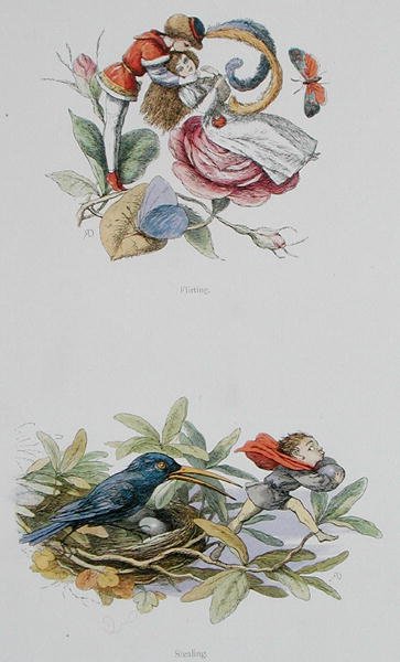 Flirttailu ja varastaminen, kuvituksia William Allinghamin ja Andrew Langin teoksesta "In Fairyland: A Series of Pictures from the Elf-World" (värilitho) tekijältä Richard Doyle