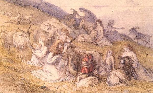 Tytöt kampaavat vuohien partaa (akvarelli & kynä ja ruskea muste) tekijältä Richard Doyle