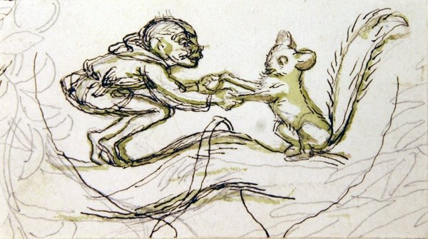 Peikko ja orava (kynä, lyijykynä ja wash paperille) tekijältä Richard Doyle