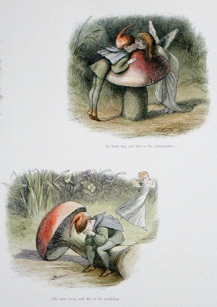 Hän löytää hänet, ja tämä on seuraus, ja hän juoksee karkuun, ja tämä on hänen tilansa, kuvitukset William Allinghamin ja Andrew Langin teoksesta "In Fairyland: A Series of Pictures from the Elf-World" (värilitho) tekijältä Richard Doyle