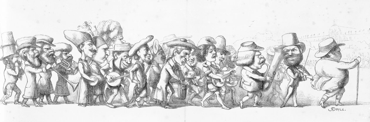 John Bull johti vierailijoita suureen näyttelyyn, 1851 tekijältä Richard Doyle