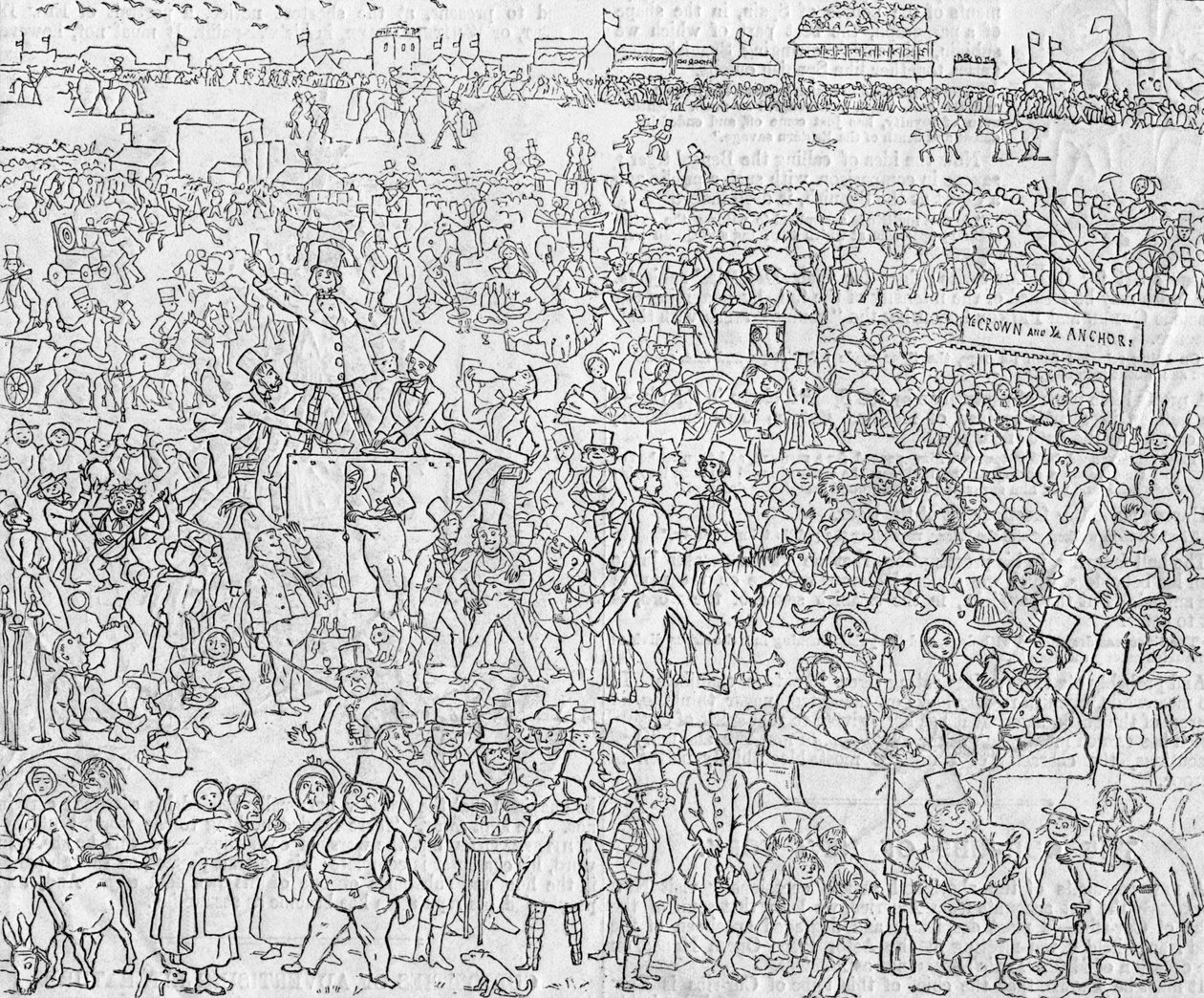 Englyshen tavat ja tavat vuonna 1849: Näkymä Epsom Downesta Derbye Dayessa, 1849 tekijältä Richard Doyle