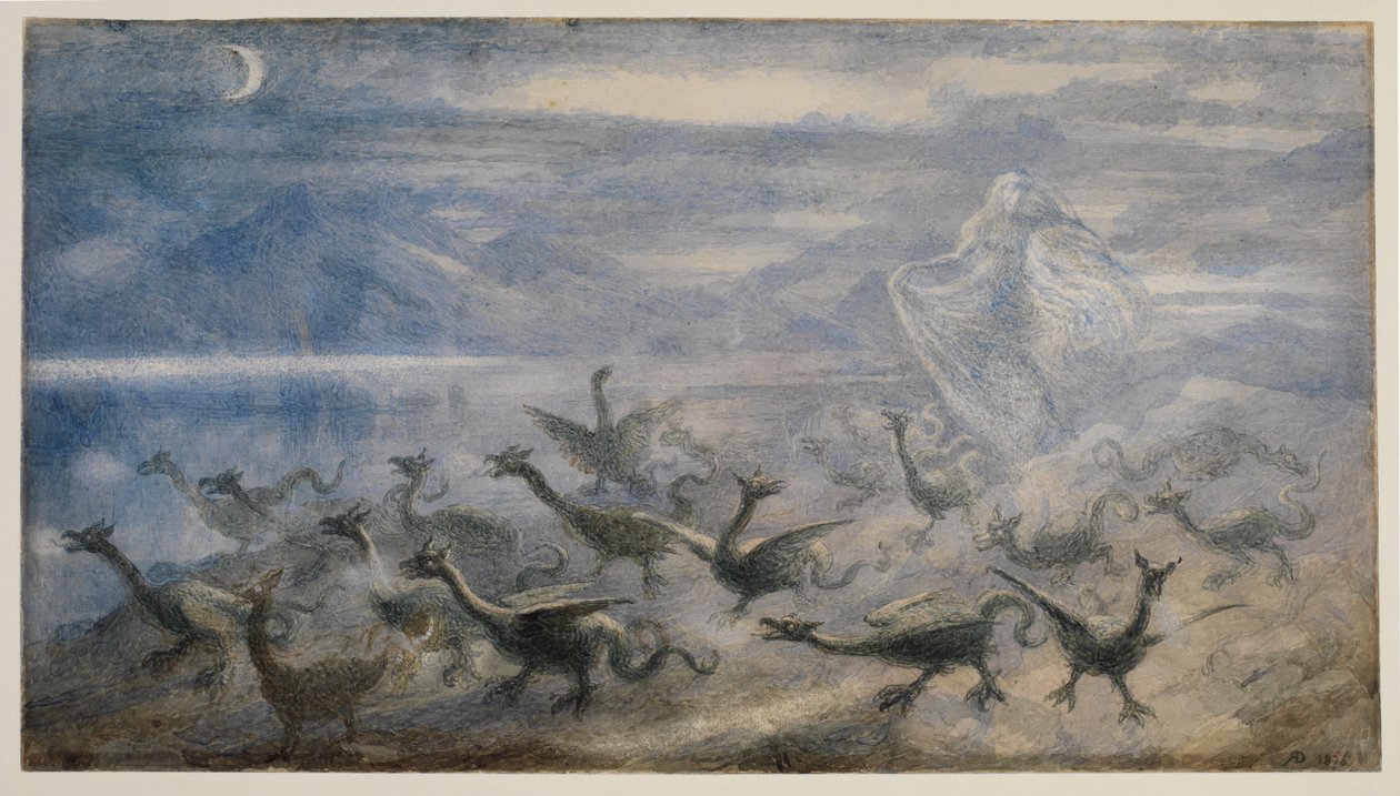Kuutamoinen maisema noidalla ja nuorilla lohikäärmeillä, 1876 tekijältä Richard Doyle