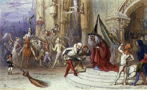 Noita ja hänen luudansa (kynä ja muste, guassi ja akvarelli) tekijältä Richard Doyle