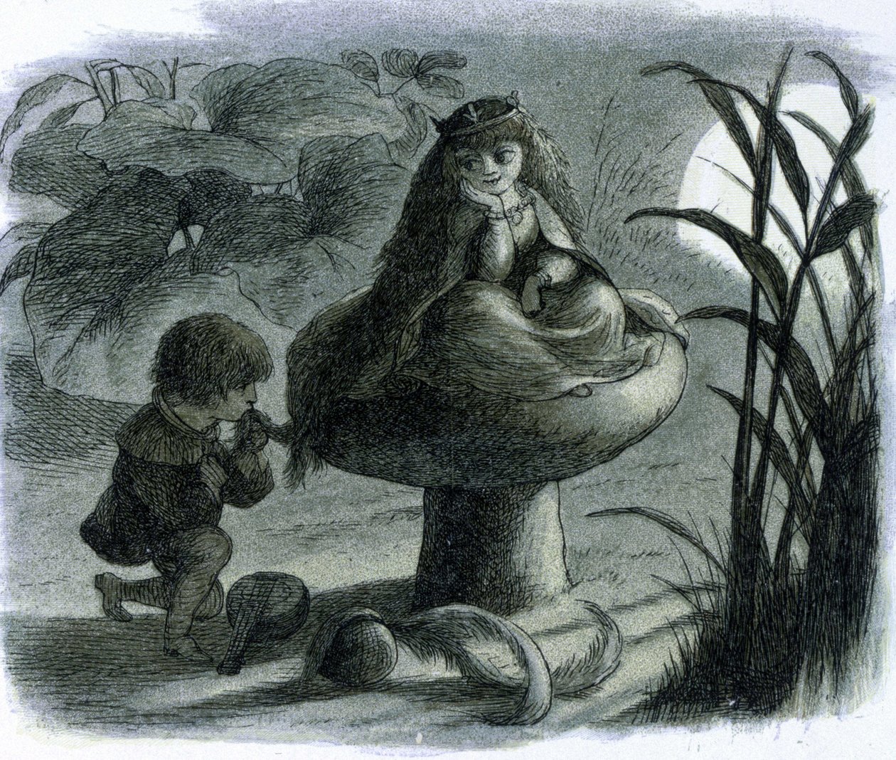 Sienellä istuvaa vesikeijua seurustelee rakastaja. Richard Doylen teoksessa "World of Fairies". tekijältä Richard Doyle