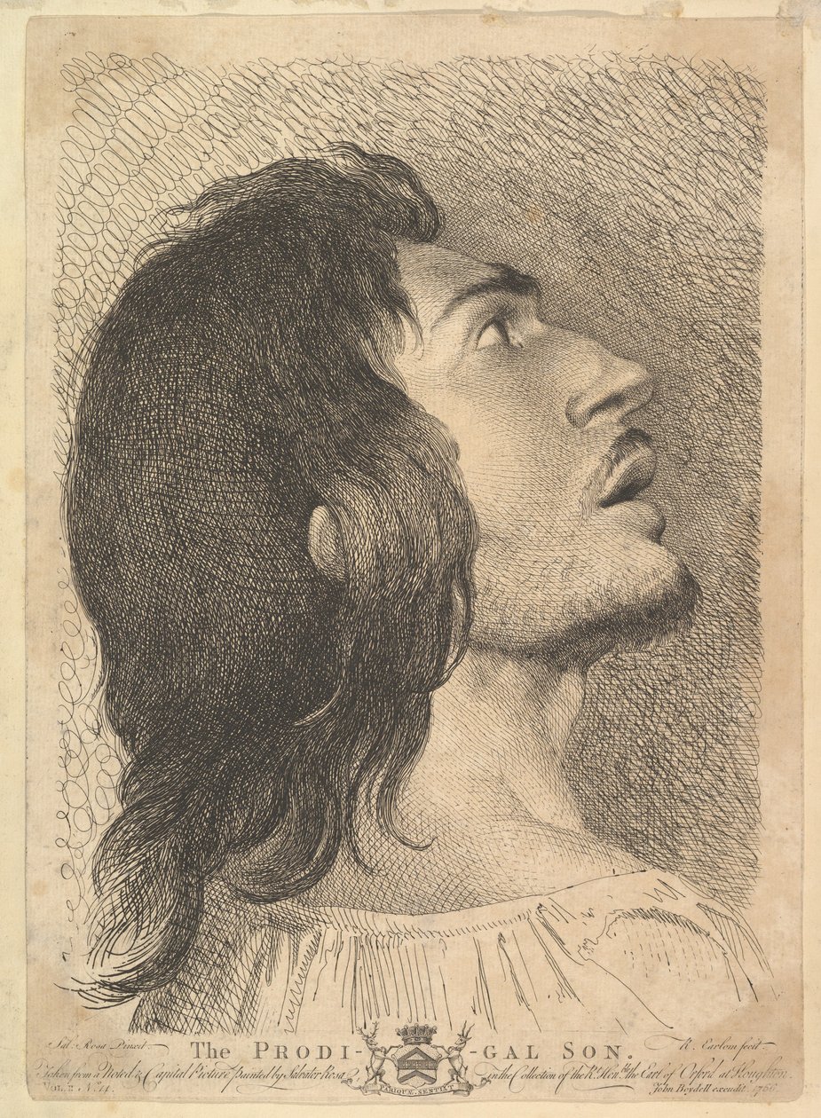 Tuhlaajapojan profiilin pää, 1766. tekijältä Richard Earlom