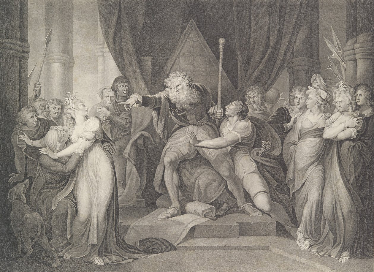 Kuningas Lear heittää pois tyttärensä Cordelia Shakespearen, K..., julkaistu ensimmäisen kerran 1792, julkaistu uudelleen 1852. tekijältä Richard Earlom